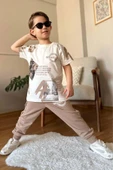 Erkek Çocuk Kargo Cepli ve Design Baskılı Bej Eşofman Takım - 1