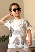 Erkek Çocuk Kargo Cepli ve Design Baskılı Bej Eşofman Takım - 2
