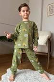 Erkek Çocuk Üzerinde Fil ve Papağan Digital Baskılı Yeşil Pijama Takımı - 1