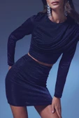 Büzgü Detaylı Simli Bluz - Lacivert - 5