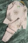 Kız Çocuk Bilekleri Manşetli Kelebek Desenli Pembe Pijama Takımı - 6