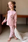 Kız Çocuk Bilekleri Manşetli Kelebek Desenli Pembe Pijama Takımı - 2