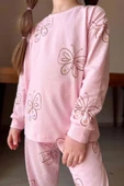 Kız Çocuk Bilekleri Manşetli Kelebek Desenli Pembe Pijama Takımı - 4