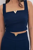 Yaka Gold Aksesuarlı Bluz - LACİVERT - 3