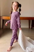Kız Çocuk Bilekleri Manşetli Papatya Desenli Mor Pijama Takımı - 2