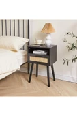 Varsthree Rattan Gece Sehpası, Çekmeceli Ve Açık Raflı Boho Sehpa, Ahşap Vurgulu Başucu Sehpası - 5