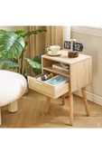 Varsthree Rattan Gece Sehpası, Çekmeceli Ve Açık Raflı Boho Sehpa, Ahşap Vurgulu Başucu Sehpası - 2