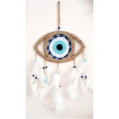 Göz Model Nazar Boncuğu Motifli Kuş Tüylü El Yapımı Düş Kapanı Duvar Dekoru - 3