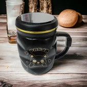 Ayna Kapaklı Panda Desenli Porselen Kupa Bardak Siyah Kupa Bardak - 1