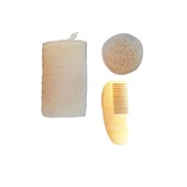%100 Doğal Pamuk Bebek Banyo Lifi, Doğal Pamuklu Bebek Yüz Lifi, Bebek Limon Ağacı Ahşap Tarak Set - 3