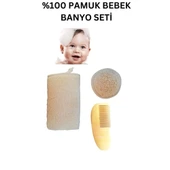 %100 Doğal Pamuk Bebek Banyo Lifi, Doğal Pamuklu Bebek Yüz Lifi, Bebek Limon Ağacı Ahşap Tarak Set - 1