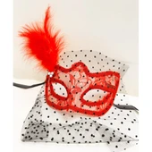 Kırmızı Renk Dantelli Duvaklı İncili Parti Maskesi Balo - 1