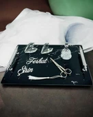 Vow Siyah Desenli Söz Tepsisi ve Damat Kahve Fincanı  BEYAZ-GÜMÜŞ - 2