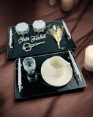 Vow Siyah Desenli Söz Tepsisi ve Damat Kahve Fincanı Beyaz - 1