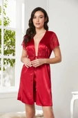 Pierre Cardin Saten Dantelli Midi Sabahlık 1020 Kırmızı - 1