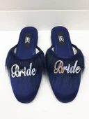 Bride Gelin Topuksuz Kaz Tüyü Terlik Lacivert-Gümüş - 1