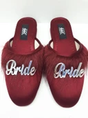 Bride Gelin Topuksuz Kaz Tüyü Terlik Bordo-Gümüş Yazılı - 1