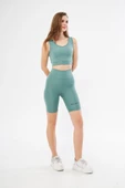 Yüksek Bel Dalgıç Croplu Biker Şortlu Takım - Mint Yeşili thumbnail 4