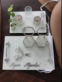 Adore Gümüş Beyaz İncili Söz Tepsisi Nişan Tepsisi ve Damat Kahve Fincan Tepsisi  Beyaz - 1