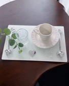 Adore Gümüş Beyaz İncili Söz Tepsisi Nişan Tepsisi ve Damat Kahve Fincan Tepsisi  BORDO - 4