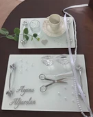 Adore Gümüş Beyaz İncili Söz Tepsisi Nişan Tepsisi ve Damat Kahve Fincan Tepsisi  BORDO - 3