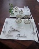 Adore Gümüş Beyaz İncili Söz Tepsisi Nişan Tepsisi ve Damat Kahve Fincan Tepsisi  Kırmızı - 1