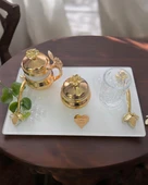 Adore Gold Beyaz İncili Söz Tepsisi Nişan Tepsisi ve Damat Kahve Fincan Tepsisi  GRİ - 3