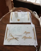 Bonding Gold Beyaz İncili Söz Tepsisi Nişan Tepsisi ve Damat Kahve Fincan Tepsisi  mavi - 1