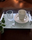 Bonding Gümüş Beyaz İncili Söz Tepsisi Nişan Tepsisi ve Damat Kahve Fincan Tepsisi  krem - 3