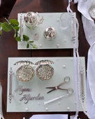 Bonding Gümüş Beyaz İncili Söz Tepsisi Nişan Tepsisi ve Damat Kahve Fincan Tepsisi  GRİ - 1
