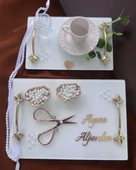 Adore Gold Beyaz İncili Söz Tepsisi Nişan Tepsisi ve Damat Kahve Fincan Tepsisi  Kırmızı - 1
