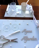 Bonding Gümüş Beyaz İncili Söz Tepsisi Nişan Tepsisi ve Damat Kahve Fincan Tepsisi  BORDO - 4
