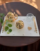 Bonding Gold Beyaz İncili Söz Tepsisi Nişan Tepsisi ve Damat Kahve Fincan Tepsisi  Mor - 3