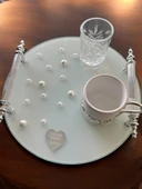 Beloved Gümüş Beyaz İncili Söz Tepsisi Nişan Tepsisi ve Damat Kahve Fincan Tepsi 1  krem - 3