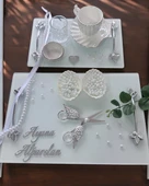 Adore Gümüş Beyaz İncili Söz Tepsisi Nişan Tepsisi ve Damat Kahve Fincan Tepsisi  Pembe - 1