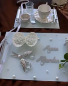 Bonding Gümüş Beyaz İncili Söz Tepsisi Nişan Tepsisi ve Damat Kahve Fincan Tepsisi  Kırmızı - 4