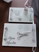 Adore Gümüş Beyaz İncili Söz Tepsisi Nişan Tepsisi ve Damat Kahve Fincan Tepsisi  mavi - 1