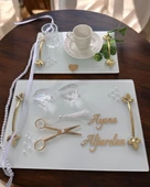 Adore Gold Beyaz İncili Söz Tepsisi Nişan Tepsisi ve Damat Kahve Fincan Tepsisi  Mor - 4