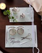 Bonding Gümüş Beyaz İncili Söz Tepsisi Nişan Tepsisi ve Damat Kahve Fincan Tepsisi  mavi - 1