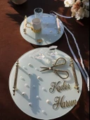 Beloved Gold Beyaz İncili Söz Tepsisi Nişan Tepsisi ve Damat Kahve Fincan Tepsisi  Beyaz - 1