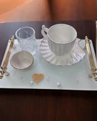 Bonding Gold Beyaz İncili Söz Tepsisi Nişan Tepsisi ve Damat Kahve Fincan Tepsisi  BORDO - 4