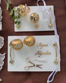 Adore Gold Beyaz İncili Söz Tepsisi Nişan Tepsisi ve Damat Kahve Fincan Tepsisi  GRİ - 1