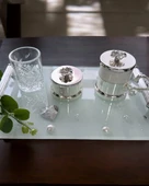 Bonding Gümüş Beyaz İncili Söz Tepsisi Nişan Tepsisi ve Damat Kahve Fincan Tepsisi  Pembe - 5
