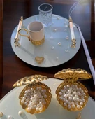 Beloved Gold Beyaz İncili Söz Tepsisi Nişan Tepsisi ve Damat Kahve Fincan Tepsisi  GRİ - 3