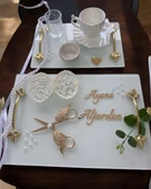 Adore Gold Beyaz İncili Söz Tepsisi Nişan Tepsisi ve Damat Kahve Fincan Tepsisi  BORDO - 3