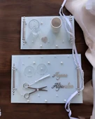 Bonding Gümüş Beyaz İncili Söz Tepsisi Nişan Tepsisi ve Damat Kahve Fincan Tepsisi  BORDO - 1