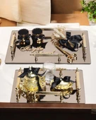 Gold Ayna 4 Kulplu Dikdörtgen Söz Nişan Tepsisi ve Damat Kahve Fincan Tepsisi Siyah - 1