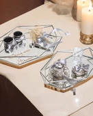 Elation Gümüş Prizma Söz Nişan Tepsisi ve Damat Kahve Fincan Tepsileri  GRİ - 1