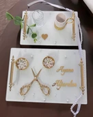 Bonding Gold Beyaz İncili Söz Tepsisi Nişan Tepsisi ve Damat Kahve Fincan Tepsisi  Kırmızı - 1