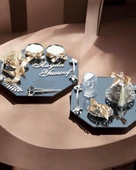 Affinity Sekizgen Gümüş Söz Nişan Tepsisi ve Damat Kahve Fincan Tepsi Seti  gold - 1